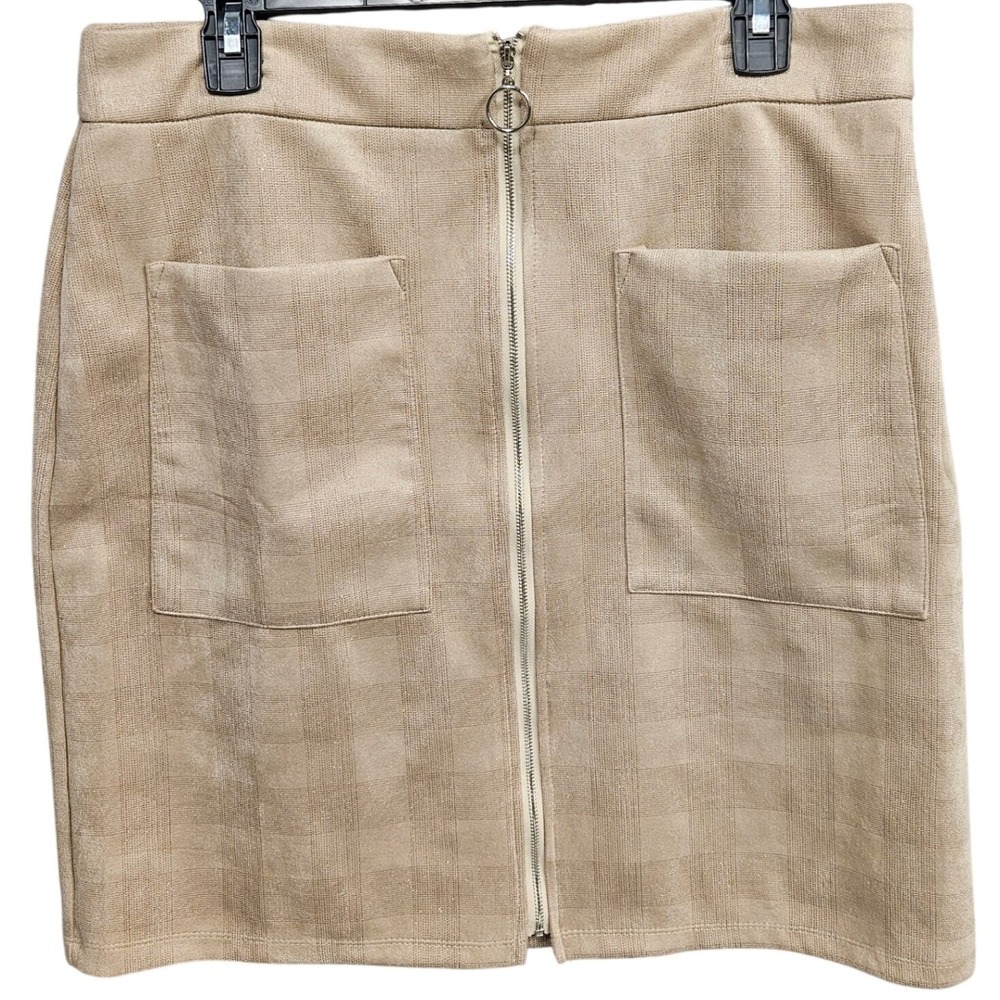 Alice Blue Tan Faux Suede Plaid Shimmer Mini Skirt Front Zip Pockets XL S36290-U
